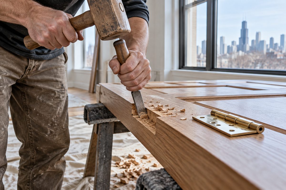 Chiseling a precise hinge mortise on a solid interior wood door edge