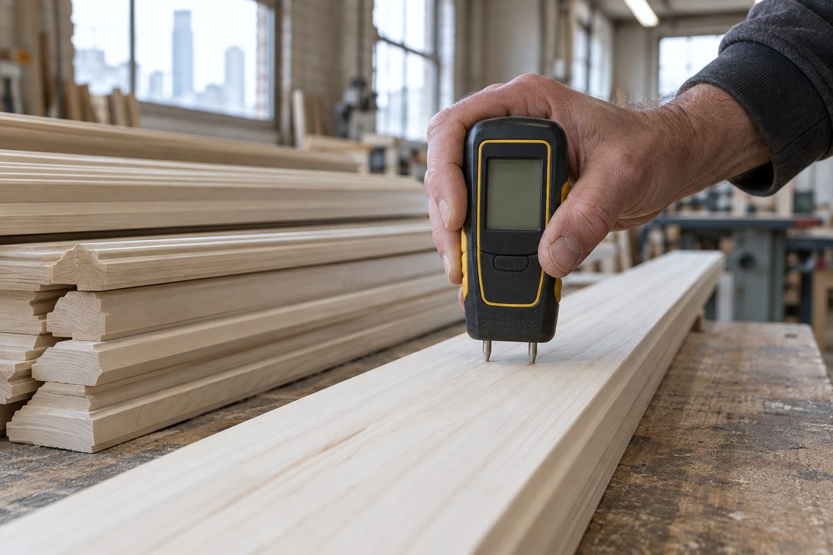 Testing kiln-dried trim lumber moisture content with a dual-pin electronic meter