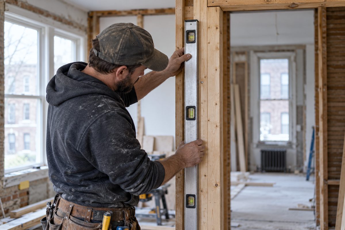 Checking plumb on interior timber framing using a professional spirit level