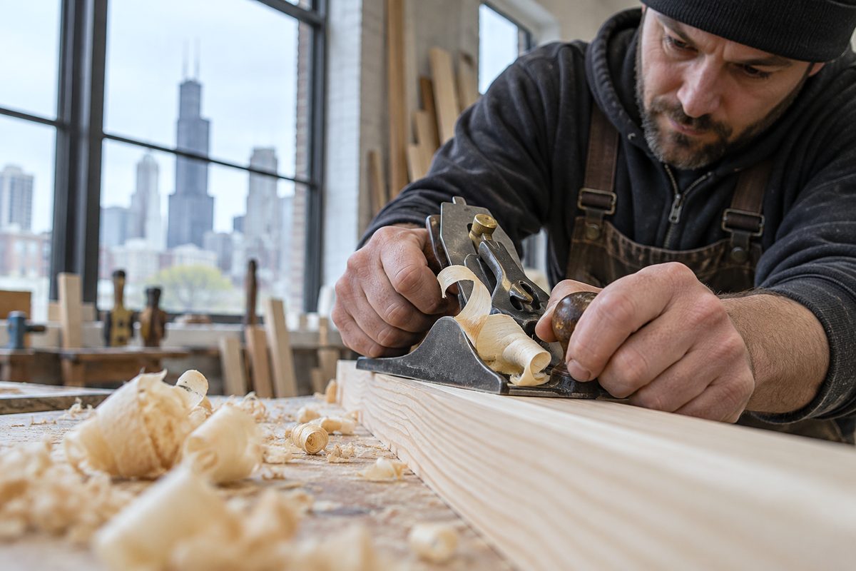 Block plane shaving a fine wooden edge for exact scribed on-site fitting