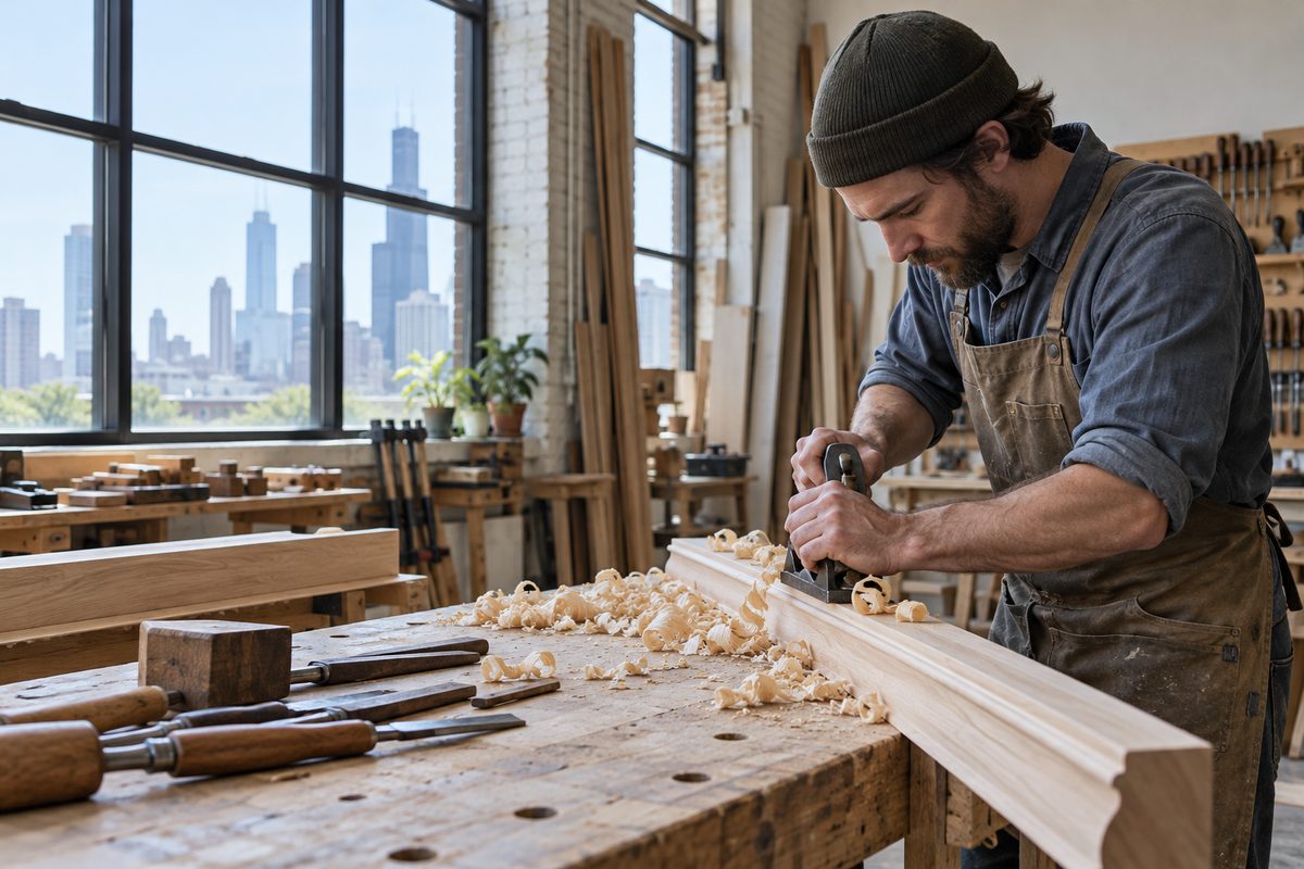 Carpenter hand-planing and scribing a wooden trim profile at a timber workbench in Chicago workshop