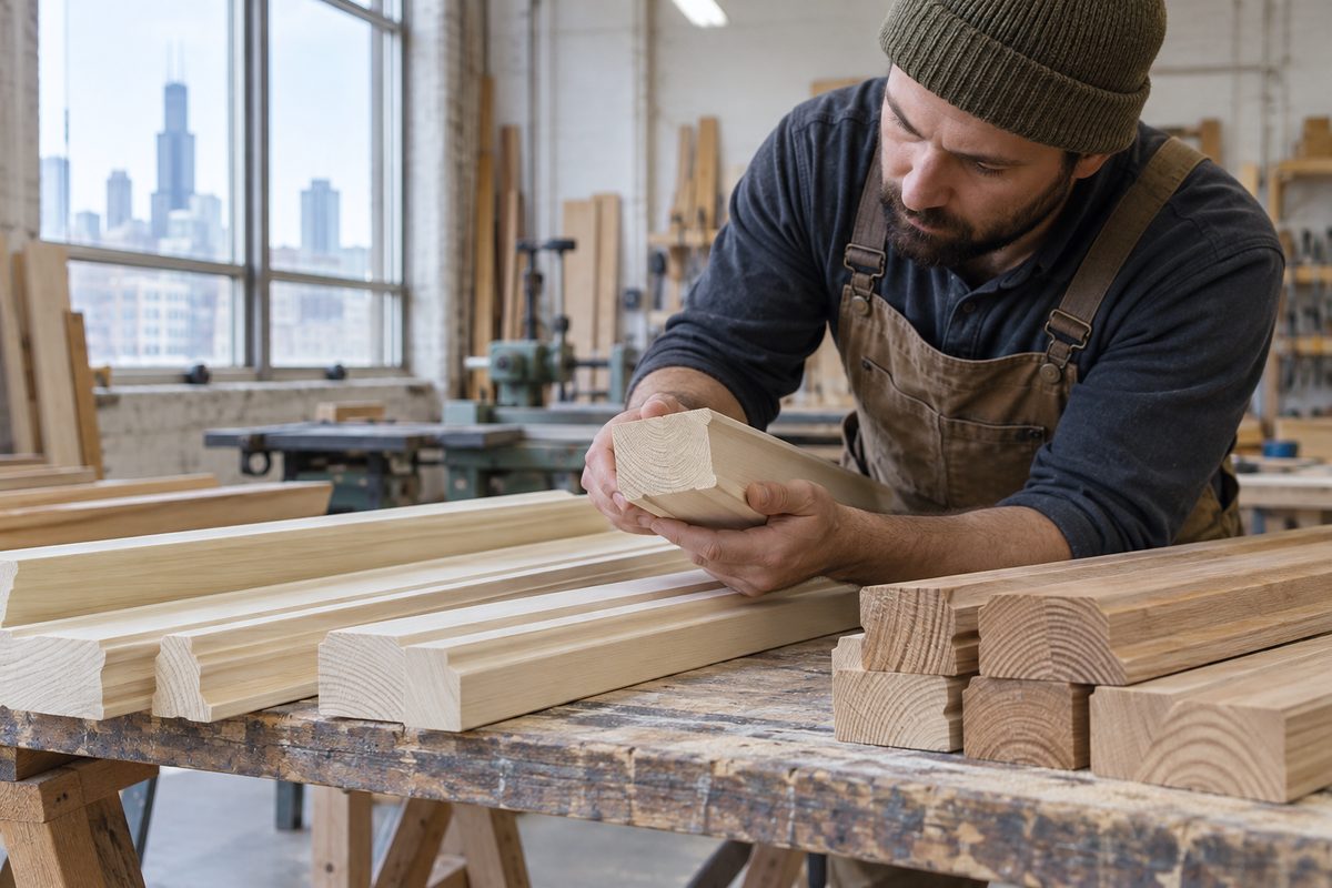 Ivan Petrov inspecting growth rings and grain straightness on kiln-dried hardwood moulding stock