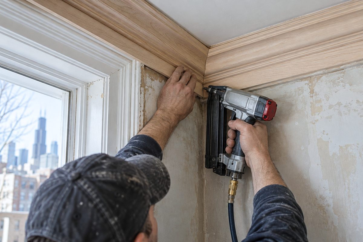 Carpenter installing a coped crown moulding corner joint tight to the plaster wall