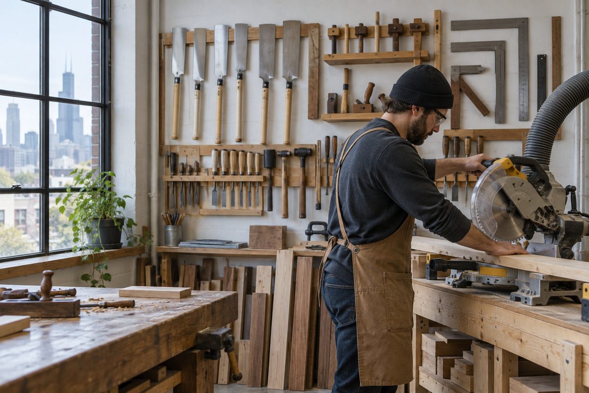 Workshop tool station with precision saws, layout gauges, and dust extraction system